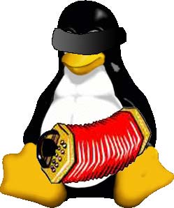 picture of Tux as Rhysling: playing concertina, black cloth
 over eyes, singing